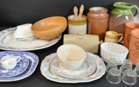 Selection of kitchenalia including stoneware pots & hotwater bottle, large Victorian blue & white