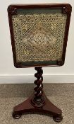 Small Victorian fire screen/wine table with framed lace handkerchief on a barley twist stem