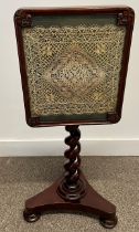 Small Victorian fire screen/wine table with framed lace handkerchief on a barley twist stem