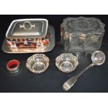 Victorian Britannia metal casket, Pointons Imari pattern sardine dish with plated lid & stand,