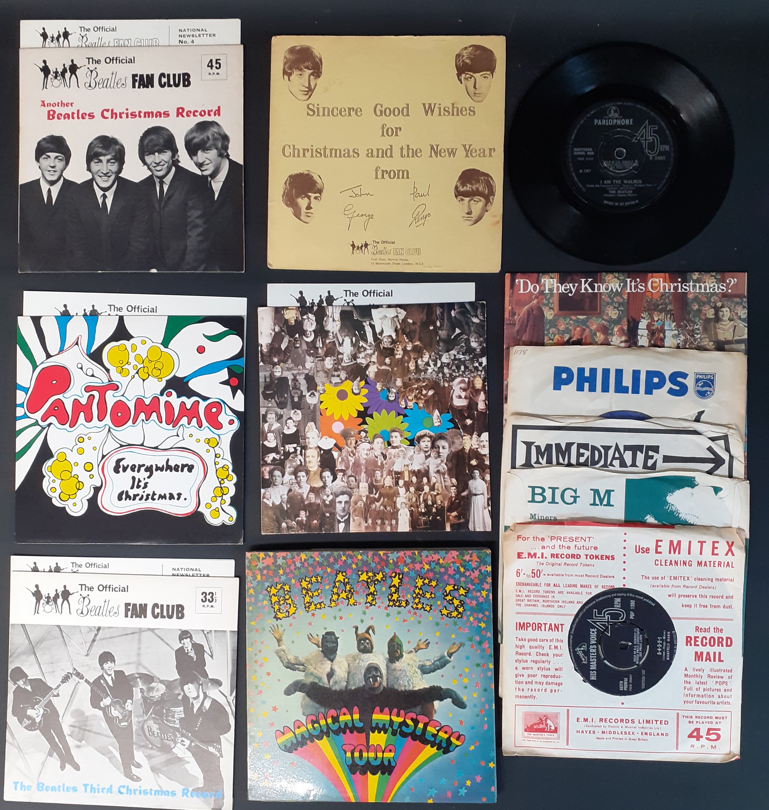 5 Beatles Fan Club Christmas flexi-disc records 1963 - 1967 (4 with Newsletter inserts and one