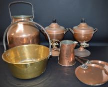 Large French copper milk churn (no lid),brass jam pan, 2 copper samovars, Bulpitt & Sons copper
