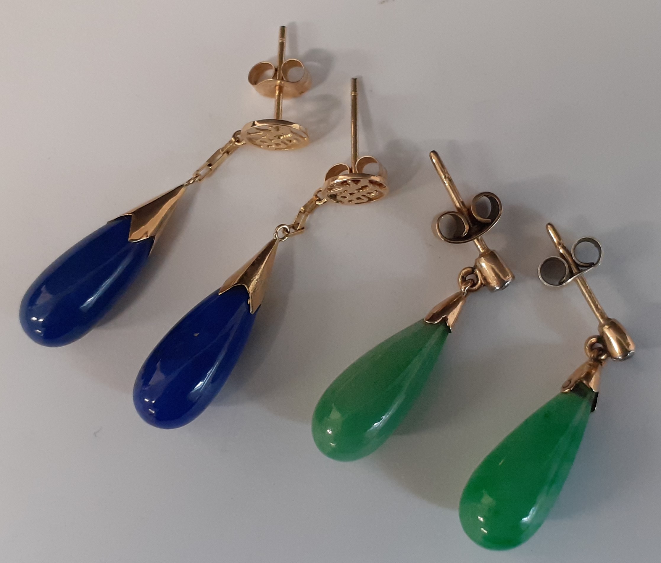 Pair of unmarked yellow metal, jade (approx. 16mm) & diamond chip earrings & pair of lapis drop