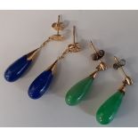 Pair of unmarked yellow metal, jade (approx. 16mm) & diamond chip earrings & pair of lapis drop