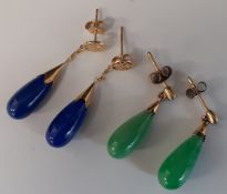 Pair of unmarked yellow metal, jade (approx. 16mm) & diamond chip earrings & pair of lapis drop