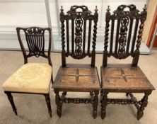 Pair of carved oak 17th century style chairs & an Edwardian bedroom chair