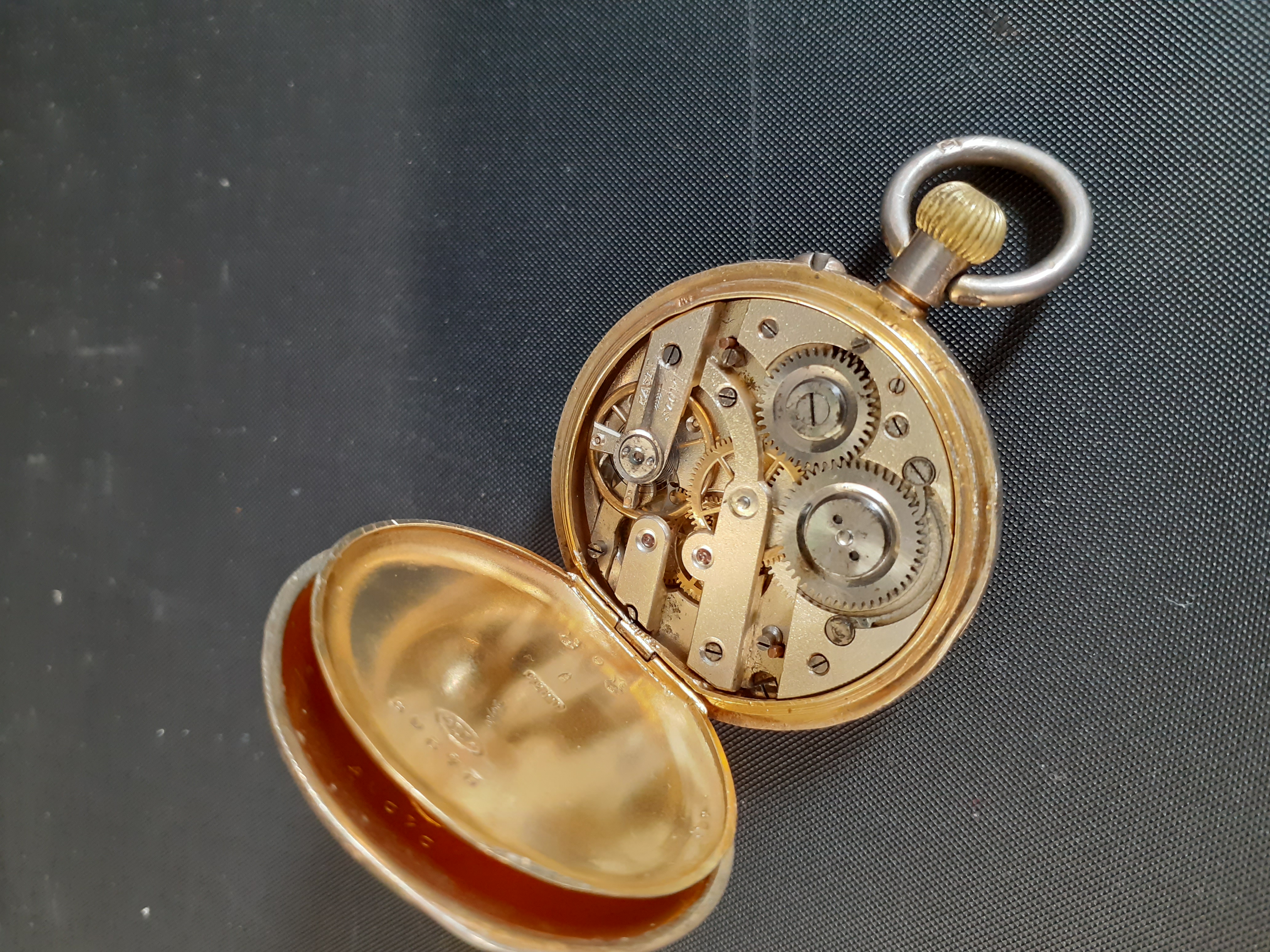 Continental silver gilt top wind fob watch marked 935 with engine turned case, heart shaped - Image 3 of 3