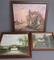 3 Framed oil paintings - Fishing scene oil on canvas signed Hallam 59.5cm x 49.5cm - 'Willy Lotts