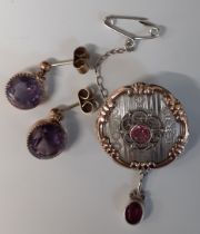 Silver & 9ct gold brooch & pair of tested as 9ct gold round cut amethyst earrings