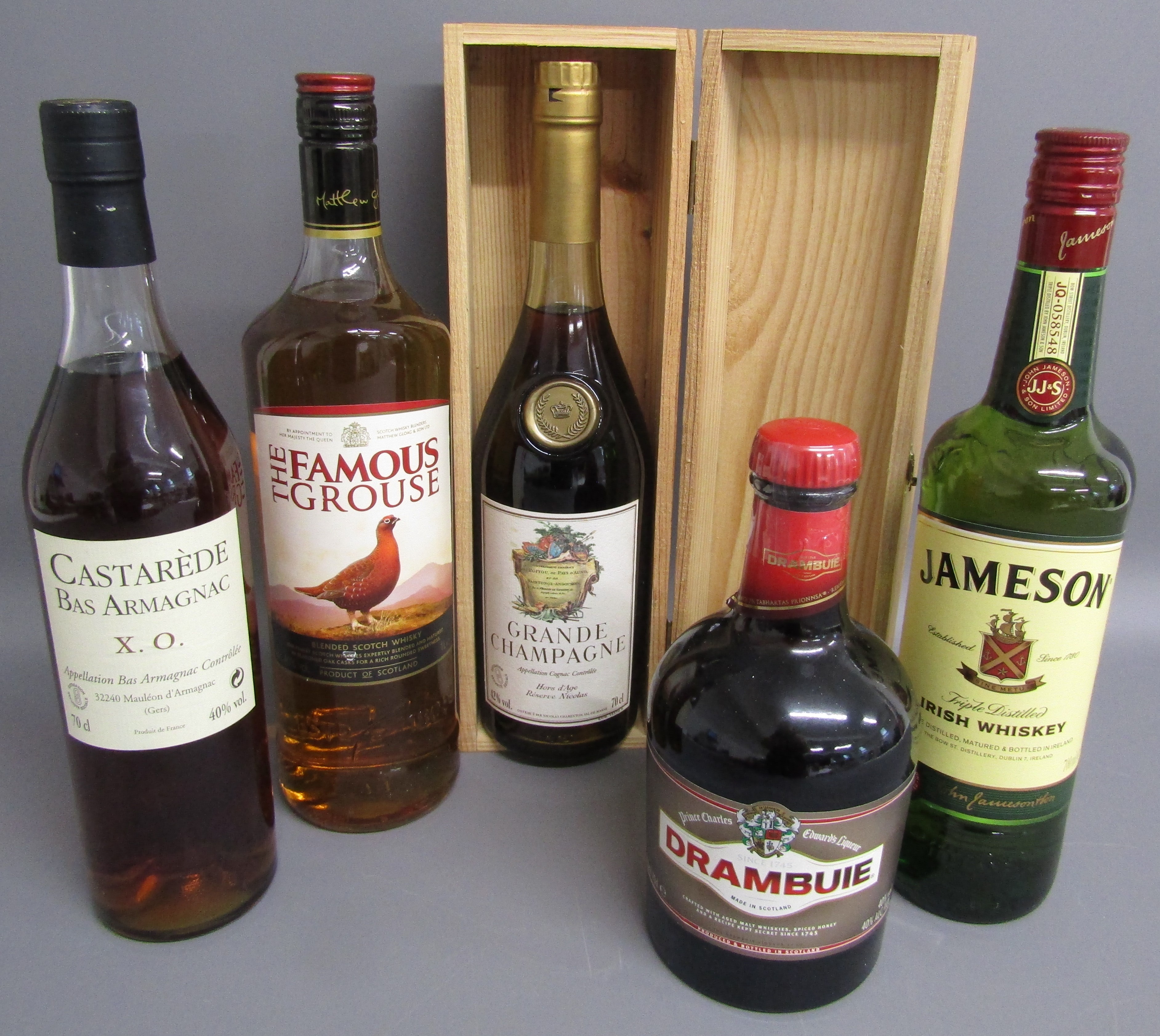 Nicolas Grand Champagne Cognac, Casterede Bas Armagnac, Famous Grouse whisky, Jameson Irish