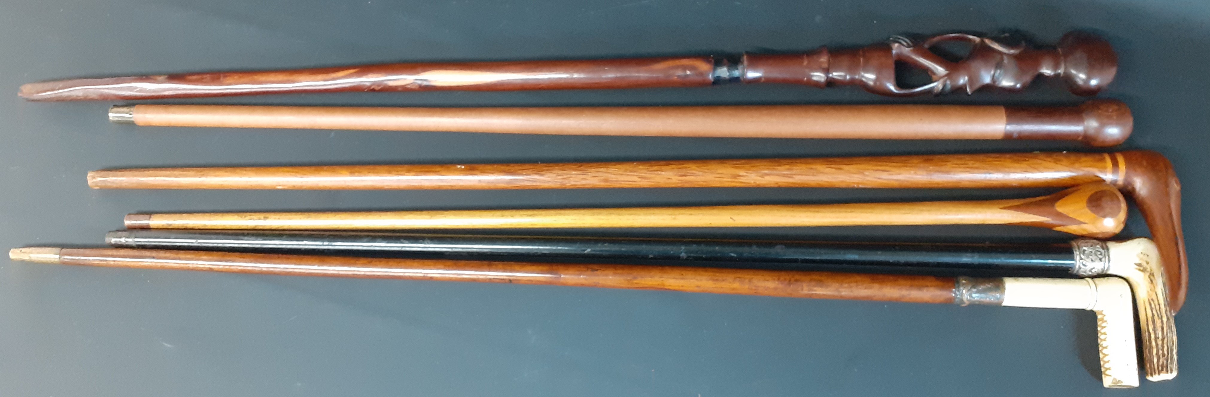 Selection of walking sticks including horn handle with silver collar & carved bone handled stick - Image 2 of 2