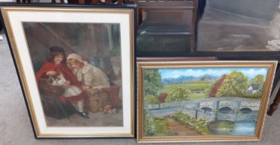 Pears print Girls with Rabbits & framed oil on board "Sheepwash Bridge Ashford in the Water,