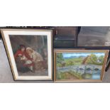 Pears print Girls with Rabbits & framed oil on board "Sheepwash Bridge Ashford in the Water,