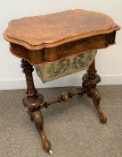 Victorian sewing table with burr walnut veneer top, inner compartments with open fret work lids