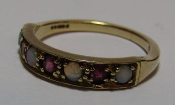 9ct gold ruby and opal ring - ring size O - total weight 2.60g