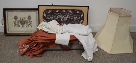 Oak tray with needlepoint panel, framed Victorian beadwork panel, selection of embroidered linen