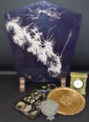 Abstract firescreen, green onyx clock (with Angellus quartz movement), Flemish door knocker, abalone