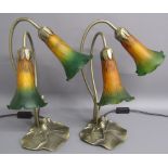 Pair of Tiffany style lily pad table lamps with green and orange glass shades