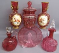 Selection of cranberry glass including bonbon jar, cover & stand with enamel decoration, pair of