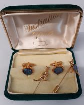 Pair of Australian opal & gilt metal cufflinks, gilt metal and opal kangaroo tie pin & one other