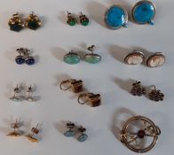 Selection of earrings including silver, semi precious stones & cameo & unmarked brooch