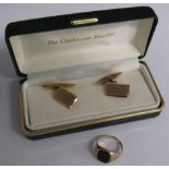 9ct gold signet ring size K and cufflinks with marks to chain and both ends - total weight 8.85g