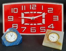 Retro Newgate glass clock 25cm dia. & two small quartz desk clocks set in onyx / lapis