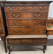 Georgian oak chest on stand with brass swan neck handles on cabriole legs (possibly later) Ht