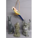 Wooden hanging parrot, sitting cat approx. 57cm, happy buddha and The Leonard Collection Guan Gong
