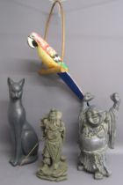 Wooden hanging parrot, sitting cat approx. 57cm, happy buddha and The Leonard Collection Guan Gong