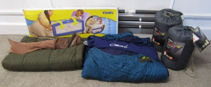 Tomy drop down bed rail, Tesco sleeping bags, 2 other sleeping bags, 2 camp beds and an adult bed