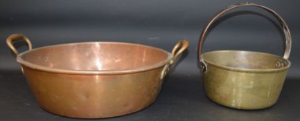 Large copper two handled pan & small brass jam pan