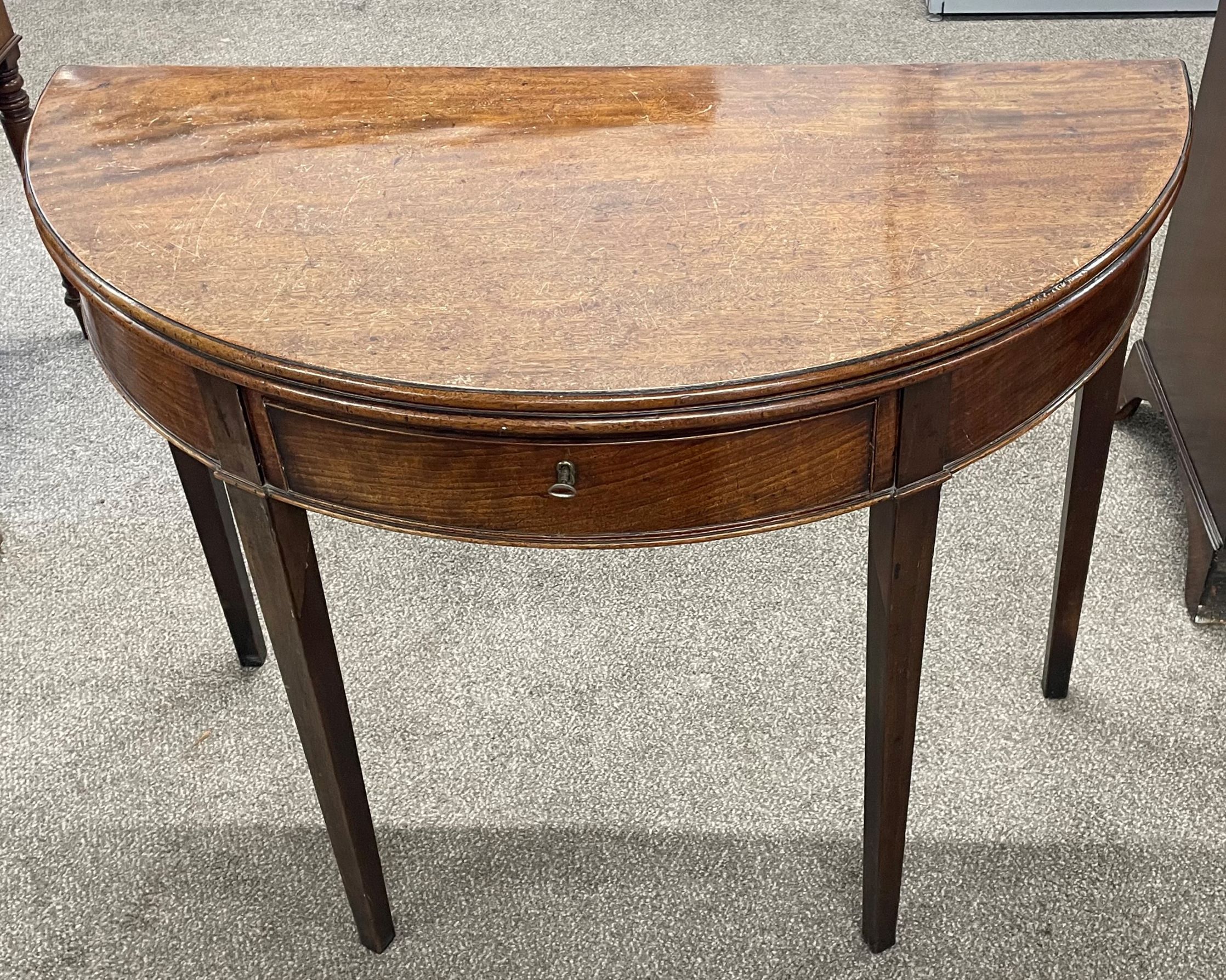 George III demi-lune fold over breakfast table in mahogany W 100cm Ht 72cm