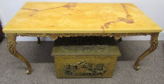 Brass table with marble effect top and brass coal box