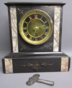 19th century slate & marble mantel clock with Carrard clock key - approx. 23cm x 23cm x 12.5cm