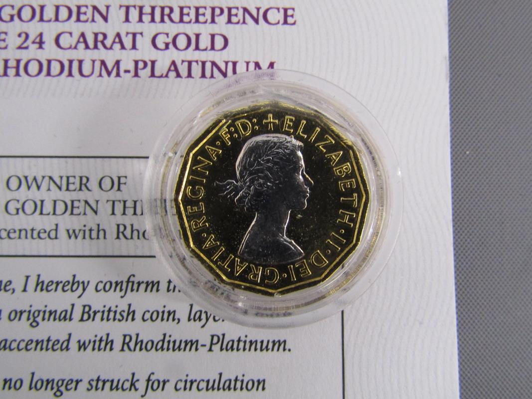 Collection of coins includes Coronation Portrait Half Penny, Three Pence layered in 24kt gold, Royal - Image 7 of 15