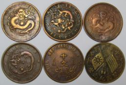 6 Chinese copper coins - Hupeh Provence Ten Cash, Kwangtung Ten Cash, Foo-Kien 10 cash, Kiangnan ten