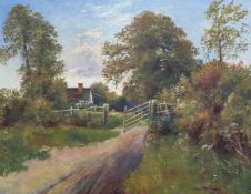 Framed oil on canvas landscape by Opus Williams with an open gate leading to a timber frame cottage.