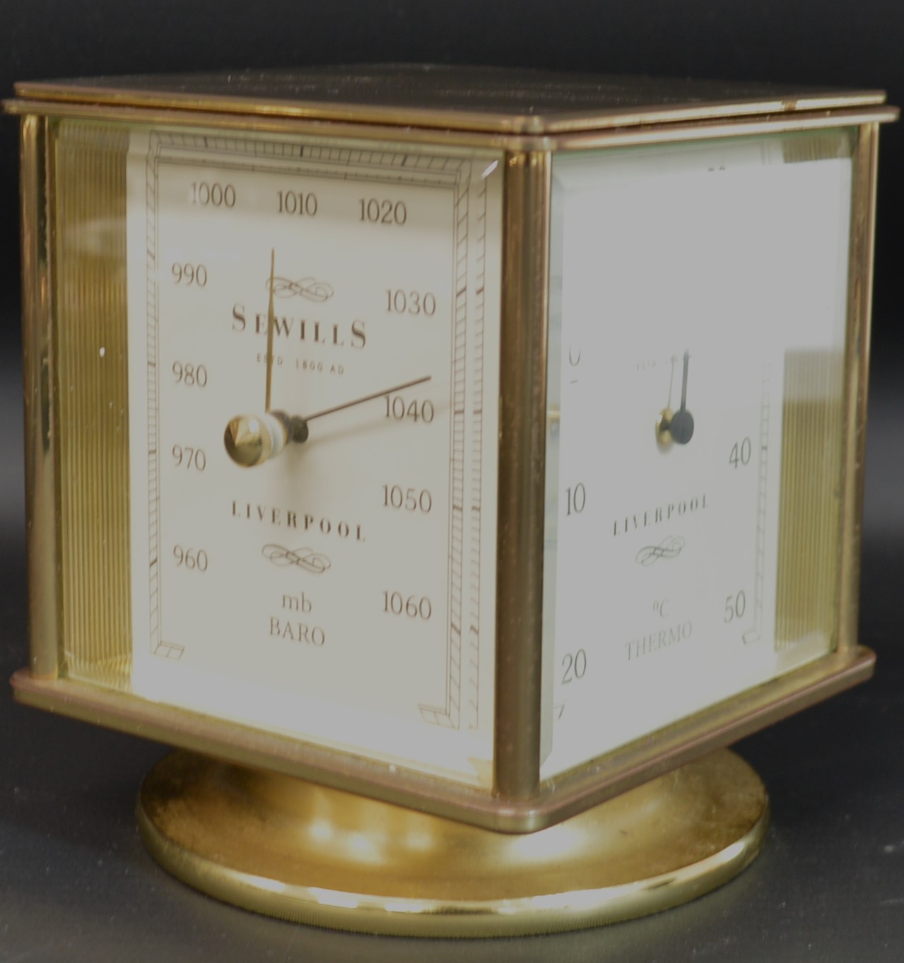 Sewills of Liverpool brass desk top four dial clock / barometer / thermometer / hygrometer