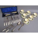 Crown Ducal 'Florentine' cups and saucers, cased fish knife and fork servers, cake knives and