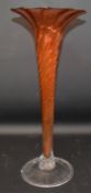 Tall orange twisted glass vase with clear glass base & folded foot 41cm tall