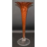 Tall orange twisted glass vase with clear glass base & folded foot 41cm tall