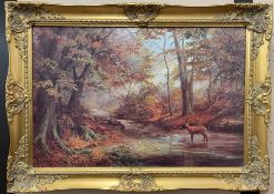 Large oil effect print of deer in a stream by Elizabeth M Halstead. Frame size 90cm by 65cm