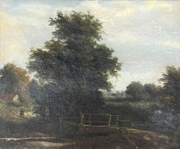 19th century oil on canvas landscape with a bridge in the foreground.  Frame size 58cm by 50cm