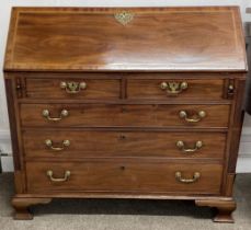 Large superior George III bureau on bracket ogee feet with vibrant colour interior, reeded corners &