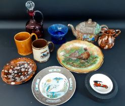 Cranberry glass decanter, Caithness blue etched glass bowl, Carlton ware Austin dish in Firestone