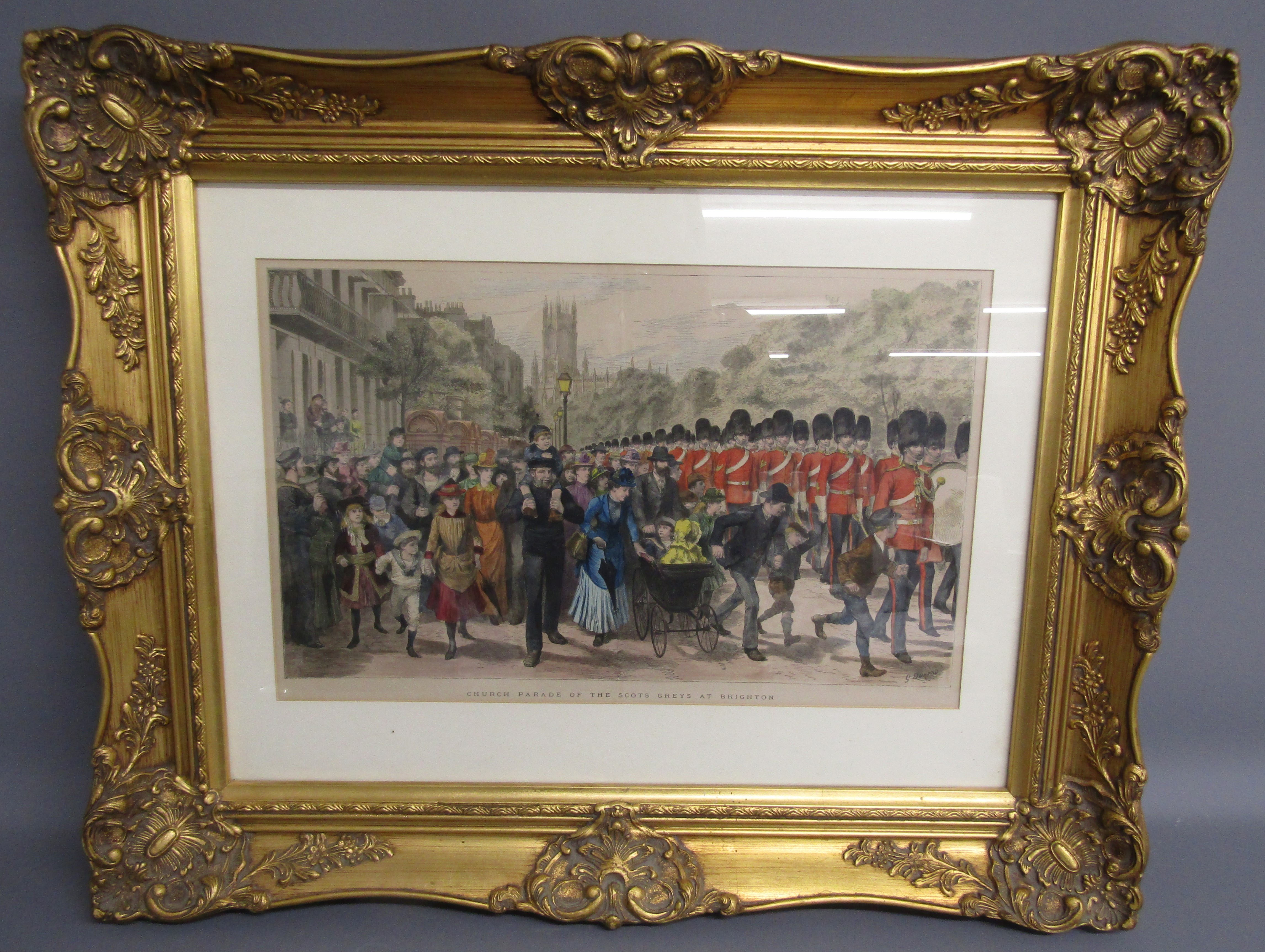 Ornate gilt framed print 'Church Parade of the Scots Greys at Brighton' s Durand - approx. 77cm x - Image 2 of 3