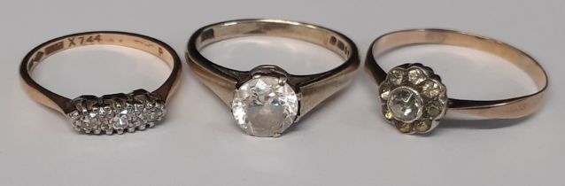 9ct gold, diamond platinum set ring & two 9ct gold & cubic zirconia / paste rings, 6.5g