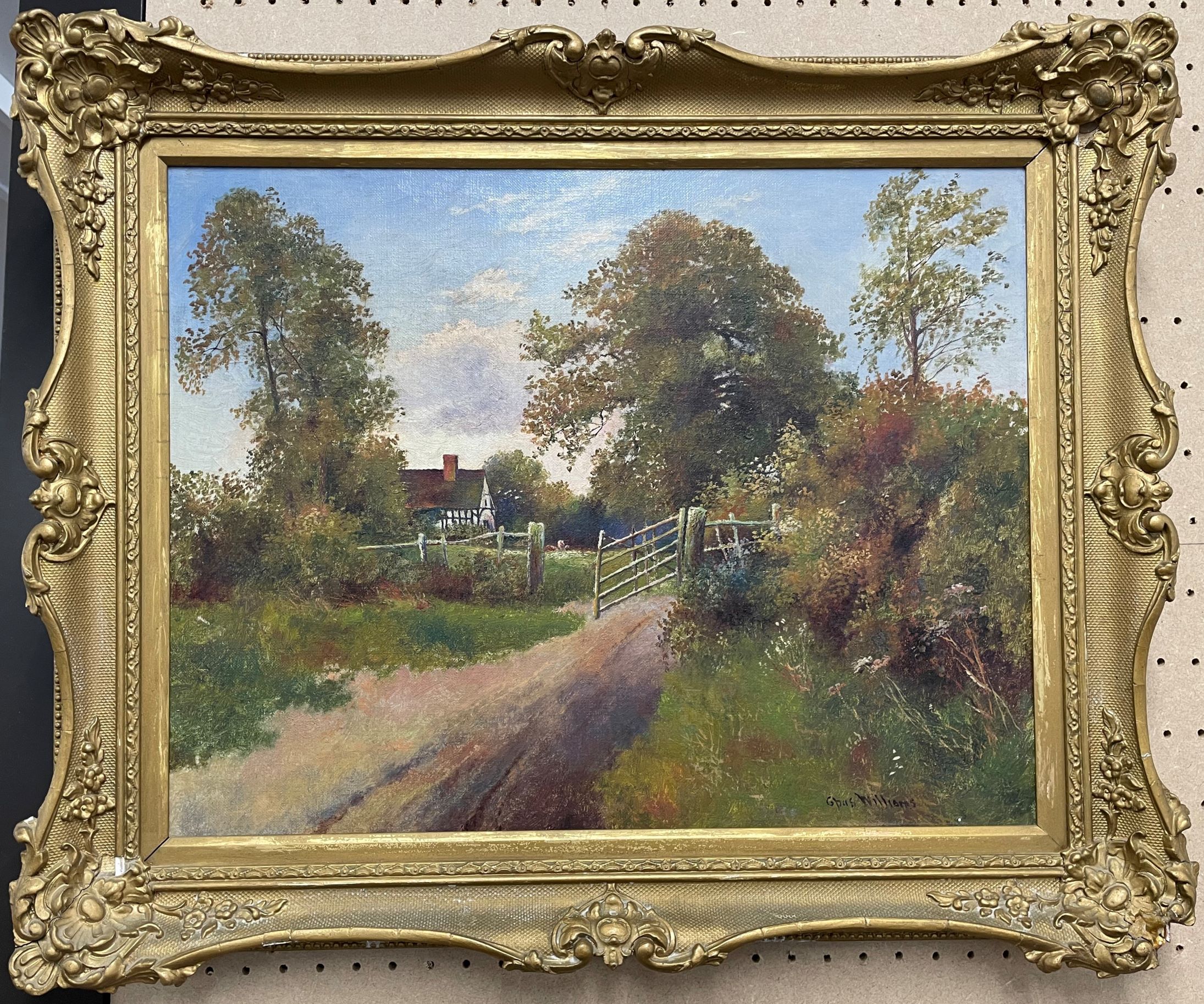 Framed oil on canvas landscape by Opus Williams with an open gate leading to a timber frame cottage. - Image 2 of 2