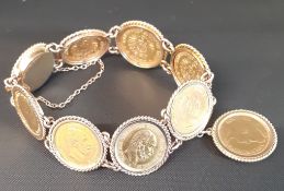 Coin bracelet set in (tested as) 9ct gold comprising seven 5 Mark 1877 coins & one 5 Guilder 1912